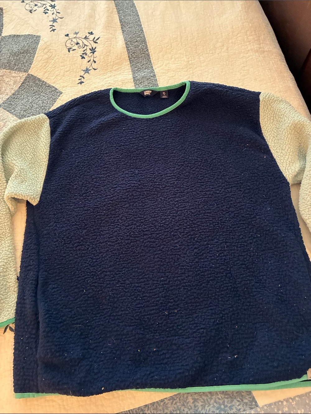 Lands' End Navy Crewneck Sweater with Cream Sleeves and Green Trim
